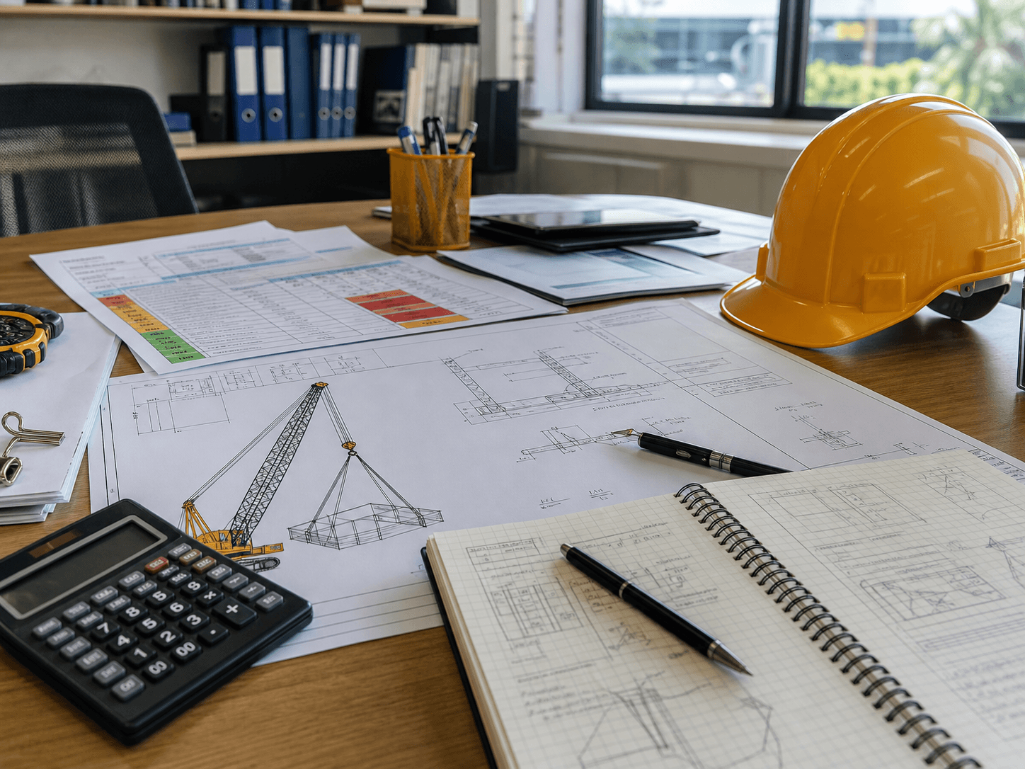 Gambar teknis dan catatan perencanaan engineering di meja kerja.
