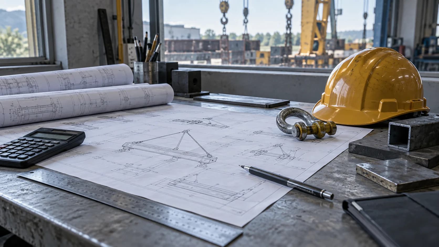 Meja perencanaan engineering dengan gambar teknis, kalkulator, helm keselamatan, dan perangkat rigging